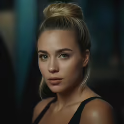 a beautiful woman with blue eyes and a messy bun