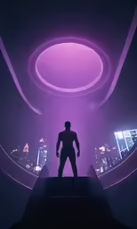 a man standing on top of a ramp under a purple sky