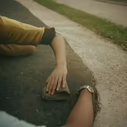 someone laying on the ground near a persons foot