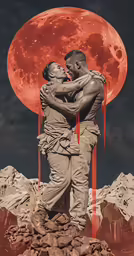man kissing the face of another person with a blood moon in the background