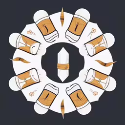 a circle made up of paper with a knife and beer mugs on it,an illustration shows a circular pattern made from cut outs of glasses, and on top of a circular knife and forks,a paper cut out of beer mugs in a circle,there is a circular pattern made out of paper with orange and white items,a circular image of orange and white shoes with the tops off