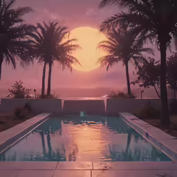 the sun setting behind a palm tree line