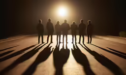 the shadows of people, one man in the foreground and one on the right, are cast by sunlight