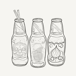 three bottles with cartoon pictures inside of them
