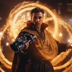 a man holding a gun in front of a circular background