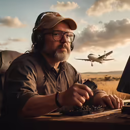 man on the computer in a rural landscape with an airplane in the background