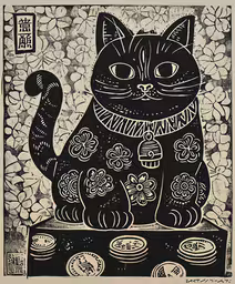 an illustration of a cat with an oriental pattern,a black cat sitting on top of a box