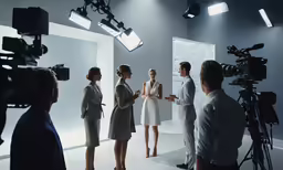 a group of people standing in a studio with cameras