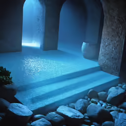 a dark room with a pool and some rocks