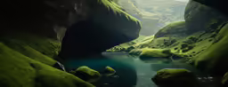 some very green water and rocks in a large canyon