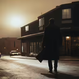 a man walking on a street during wintertime