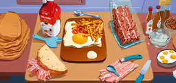 several items displayed on table, including bread, eggs and other foods,an image of an eating set on a table