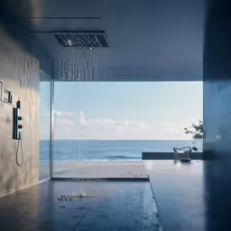 a shower heads are next to a large open window