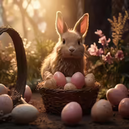 a bunny sitting in a basket next to eggs