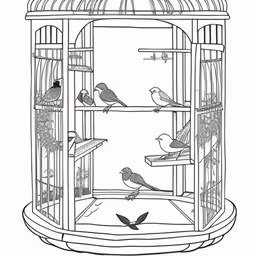 bird feeder with birds sitting in the middle,birds in cages sitting on branches and in the ground