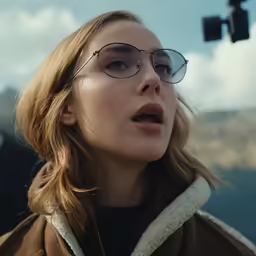 a woman in glasses looking off into the distance