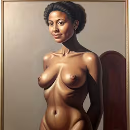 a painting of a woman in front of a mirror,a painting of a woman posing naked in front of a white wall