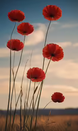 a bunch of red flowers on a grassy plain