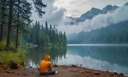 a man in a yellow jacket is sitting on the shore