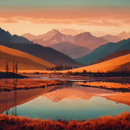 some trees bushes grass water hills and sunset,a sunset image of a beautiful mountain scene, with the reflection of the sun in a pond