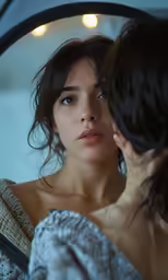 a girl with brown eyes looking in a mirror