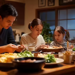 a group of people are sitting at a dining table with food