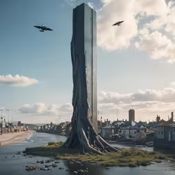the two planes are flying over the building