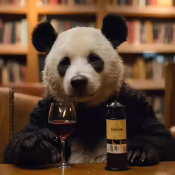 a panda bear is sitting in front of some wine