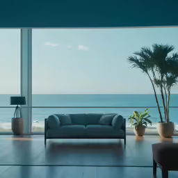 there is a couch with a potted palm in front of it