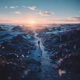 a man walking along a path covered in ice