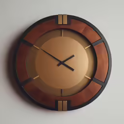 a wooden clock with black metal strips and a brown face
