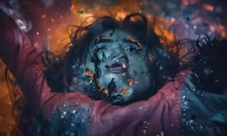 a girl in black and red with her hands over the face with orange bubbles on her hair