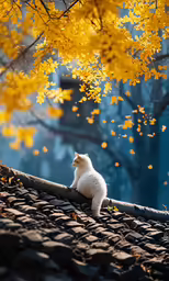 a white cat sitting on the roof of a house