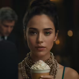 a woman holding up a cup of coffee with whipped cream