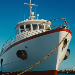 a large boat floating in the ocean on a sunny day