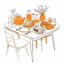 a table with many items on it next to some flowers