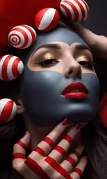 a beautiful woman with makeup and face covered by striped candy sticks