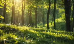 sunlight streams through the trees in a green forest