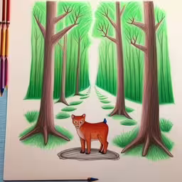 a pencil drawing of a fox standing in the forest