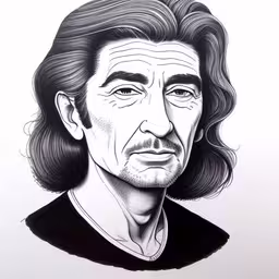 a drawing of a man with long hair,a black and white portrait of a man with long hair,a black and white image of a man with long hair,a drawing of a person with long hair and a beard,a drawing of the artist george leer
