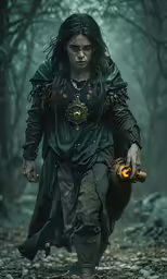 a man with a sword walks through the woods
