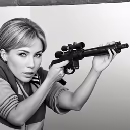 woman holding a rifle in black and white