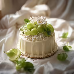 a small cake with green grapes and white flowers on top