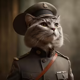 this is an image of a cat wearing military clothing