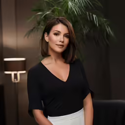 a woman standing in a living room next to a lamp