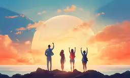 three people standing on top of a rock looking out to sea
