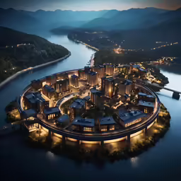 an aerial view of a city by the lake