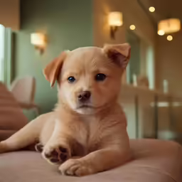 a brown puppy with blue eyes lying down on a couch
