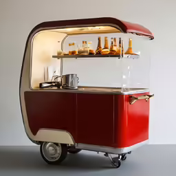 an old fashioned portable bar with bottles of wine