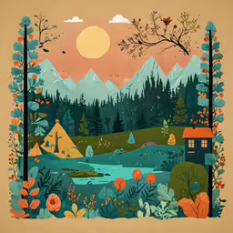 an image of an illustration in the night,an artistic painting with trees and mountains
